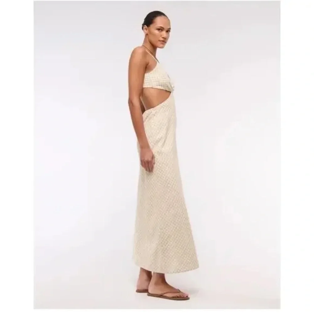 Abercrombie & Fitch Tan Gingham Linen Cotton Julia Slip Cutout Maxi Dress Medium